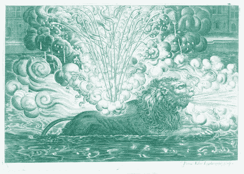 &lsquo;Le Soleil Au Signe du Lyon&rsquo;, 1623, Public Domain. The scene was described as a festive celebration along the Saone River, where torches illuminate the windows on both sides. A spectacular lion adorned with fireworks emerges from under the bridge, with flames erupting from its mouth and back, alongside three fiery fleurs-de-lis. The sky is alive with various types of fireworks: some create starry displays, others produce thunderous sounds, while some form serpentine shapes or shower down golden sparks, evoking a dazzling and festive atmosphere.