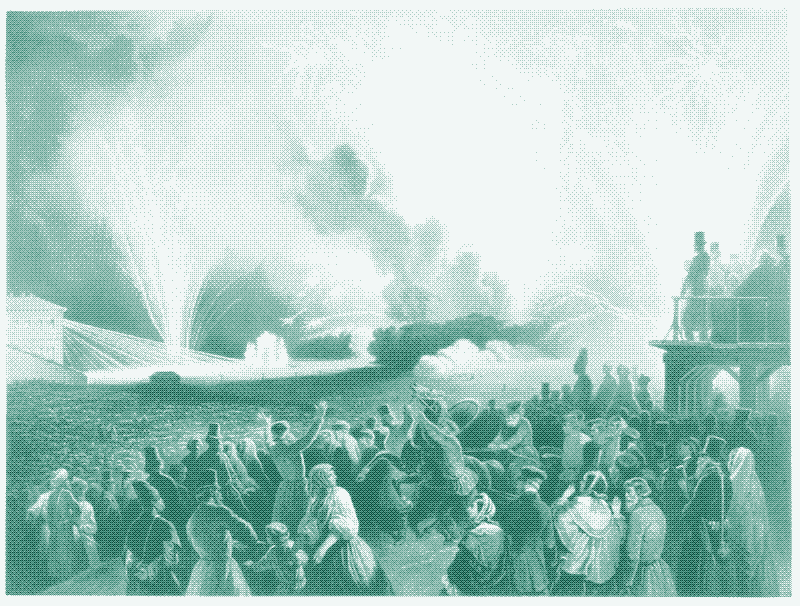 Coronation of Alexander II, Moscow, September 17, 1856: Fireworks Display before the Cadets&rsquo; Building, Public Domain. The grand coronation of Tsar Alexander II in 1856 was described as a spectacular event marked by opulence and elaborate pageantry, taking place in Moscow before public criticism of such extravagance became common. A highlight of the celebration was a massive fireworks display accompanied by a large chorus and orchestra.